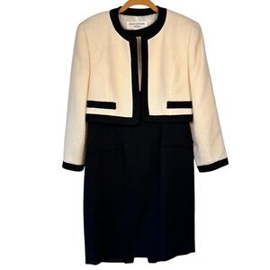 Jones New York 100% Wool Black Cream Tweed Sheath Dress and Jacket Set Size 8